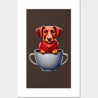 The Cozy Cup Dachshund: Adorable Dog in Red Hoodie Tee Posters and Art